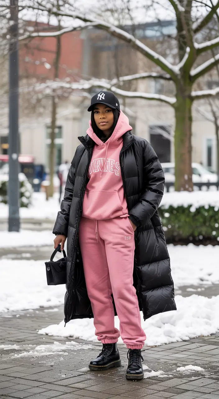 winter outfits blackgirl streetwear cute Pink Energy on Snowy Streets