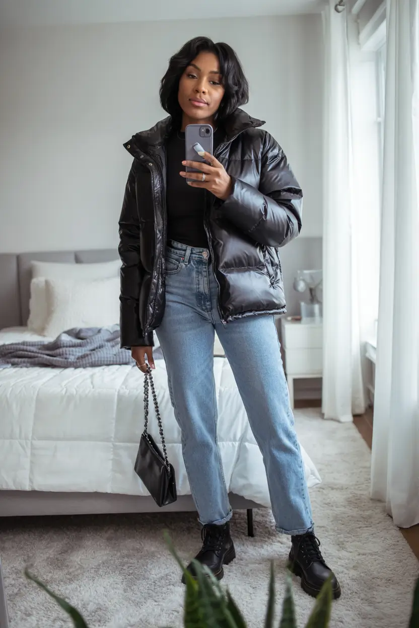 winter outfits blackgirl baddie casual Shiny Black Puffer & Denim Confidence