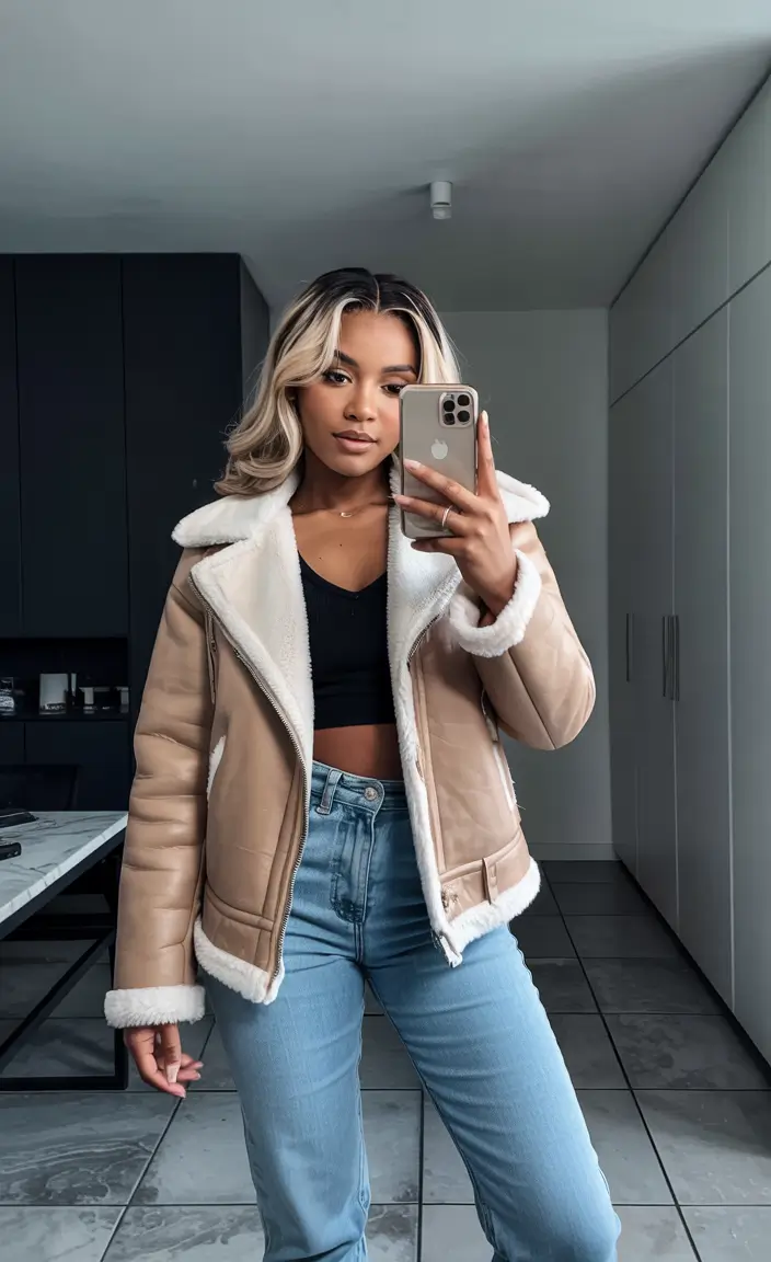 winter outfits blackgirl cold casual Neutral Shearling Chic