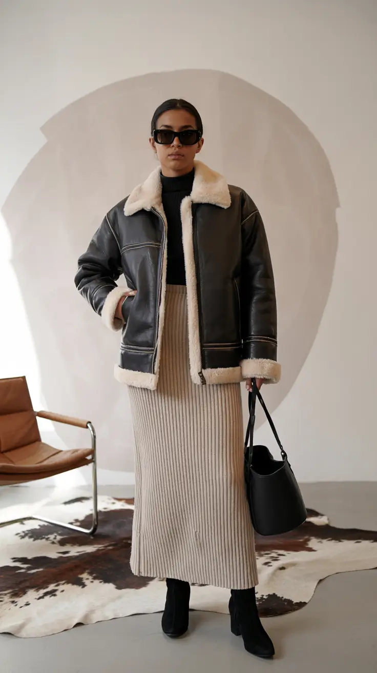 cozy winter outfits ideas Shearling Jacket With Ribbed Skirt