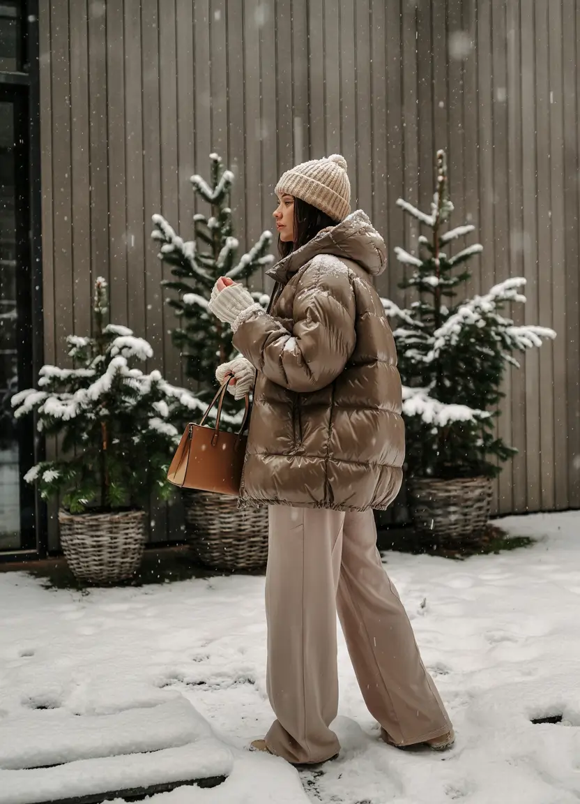 cozy winter outfits 2025 Soft Metallic Puffers in Winter Neutrals