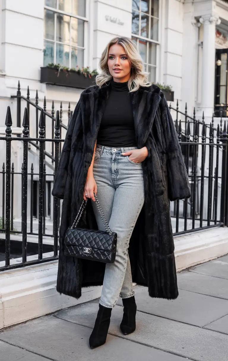 cozy winter outfits cold Classic Black Faux Fur With Denim
