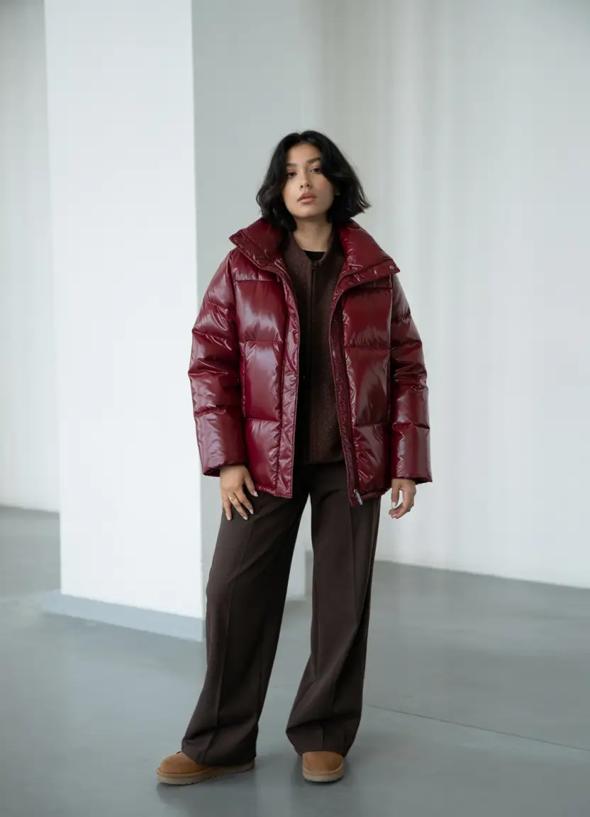 cozy winter outfits casual Berry Red Puffer With Warm Browns