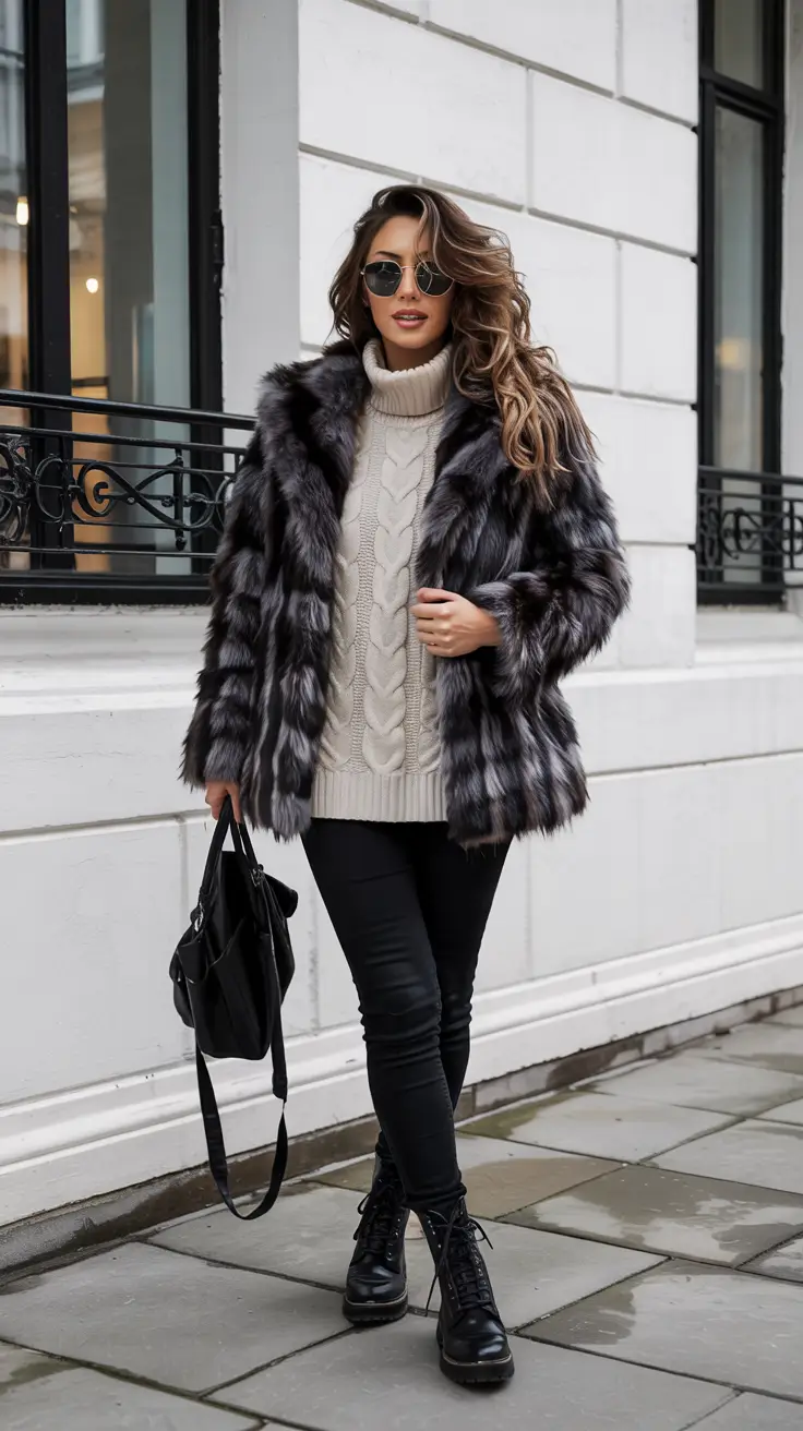 cozy winter outfits cold Edgy Faux Fur With Skinny Pants