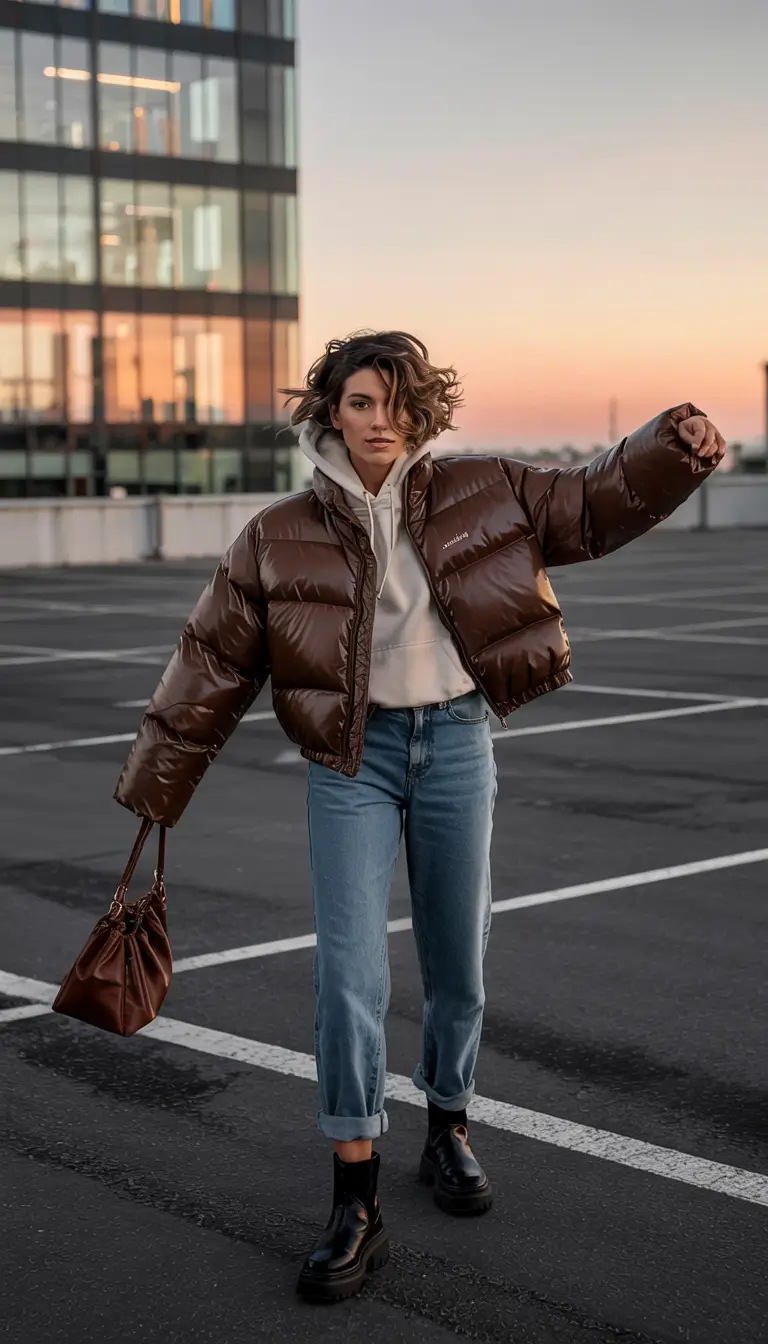 cute winter outfits 2025 Effortless Street Style with a Glossy Puffer