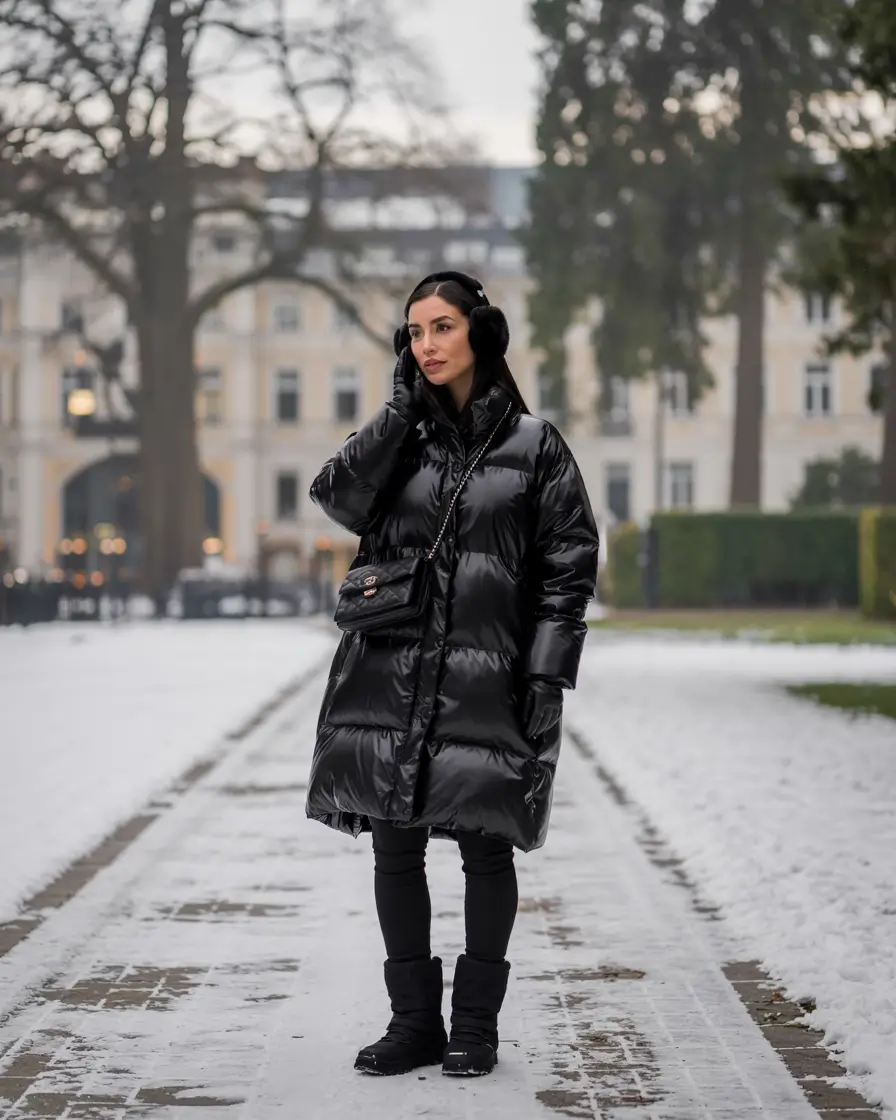 cute winter outfits 2025 All-Black Gloss with Winter Edge