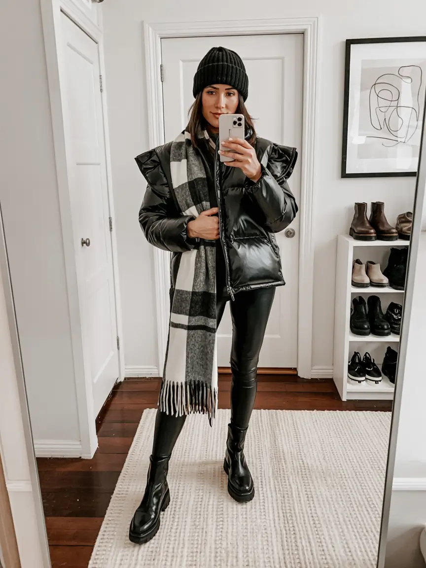 cute winter outfits 2025 Glossy Layers with Modern Plaid