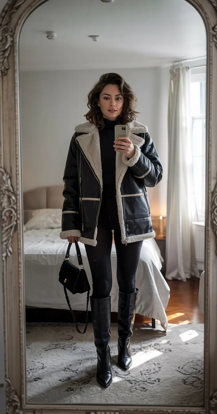 cute winter outfits 2025 Monochrome Shearling Chic