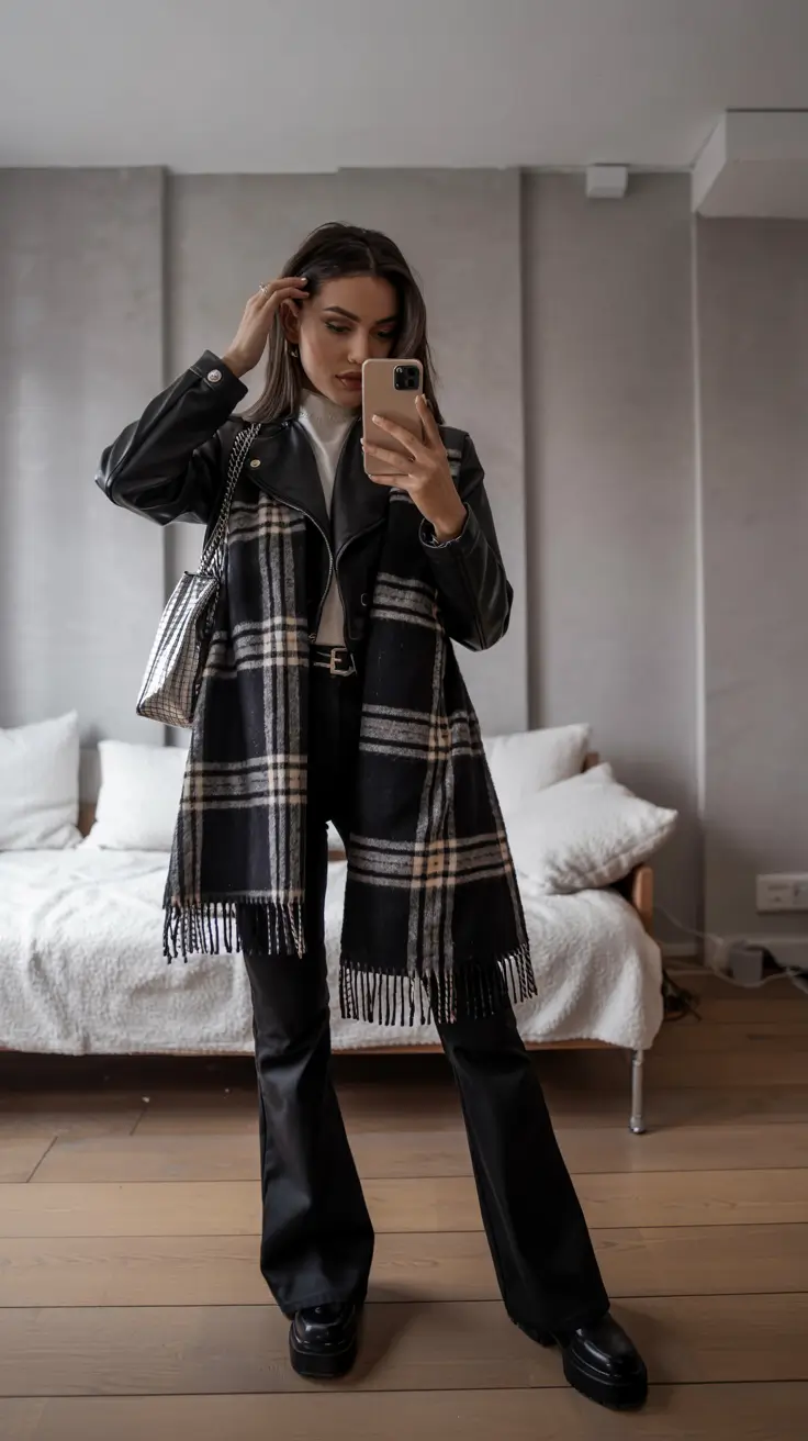 cute winter outfits 2025 Sharp Monochrome with a Plaid Touch