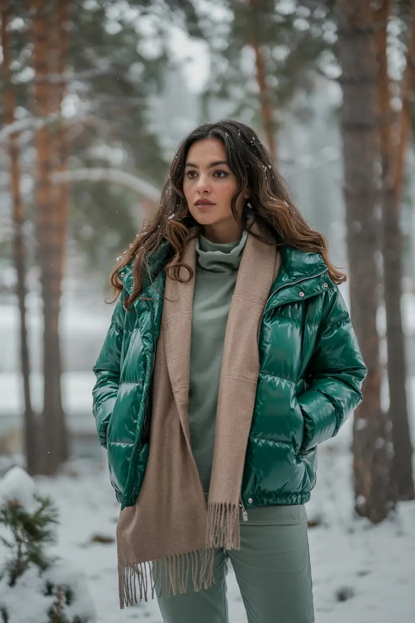 cute winter outfits 2025 Green Shine in the Snow