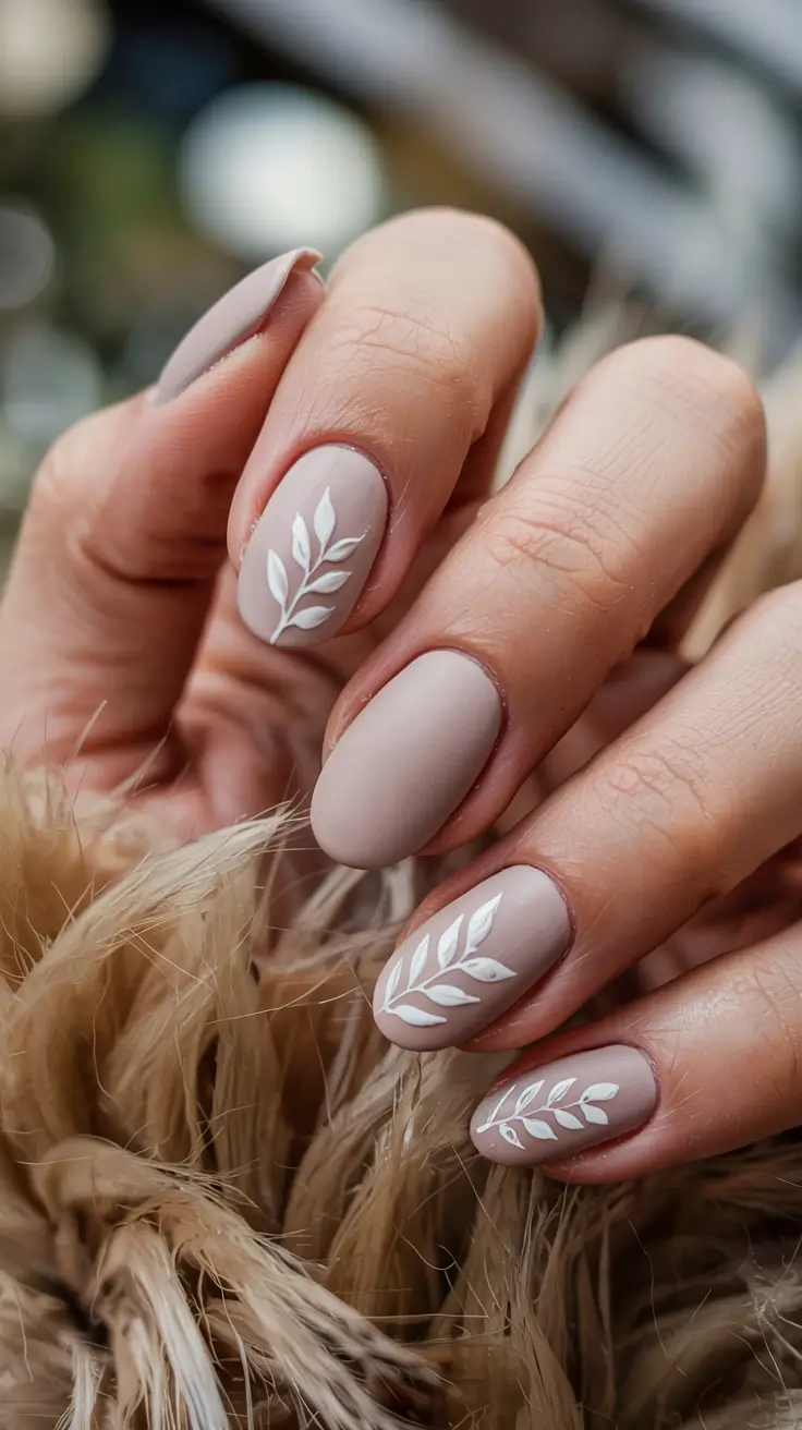 fall nail color inspo 2025 Matte Taupe with White Vines