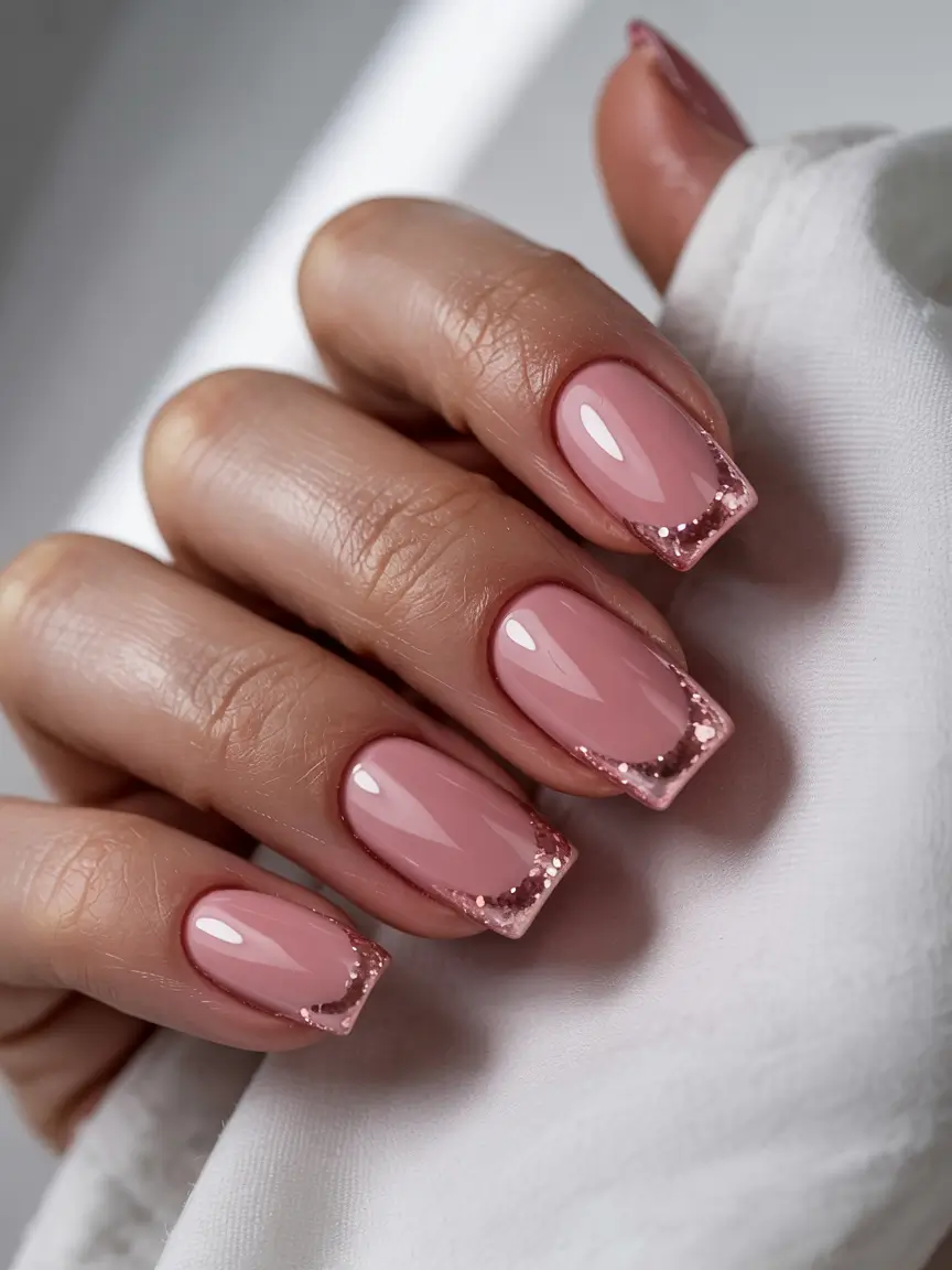 fall nail color inspo 2025 Rose-Toned Sparkle French