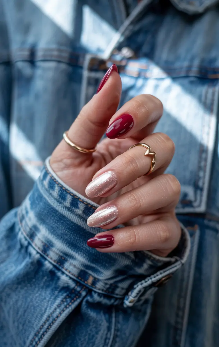 fall nail color inspo 2025 Burgundy & Champagne Duo
