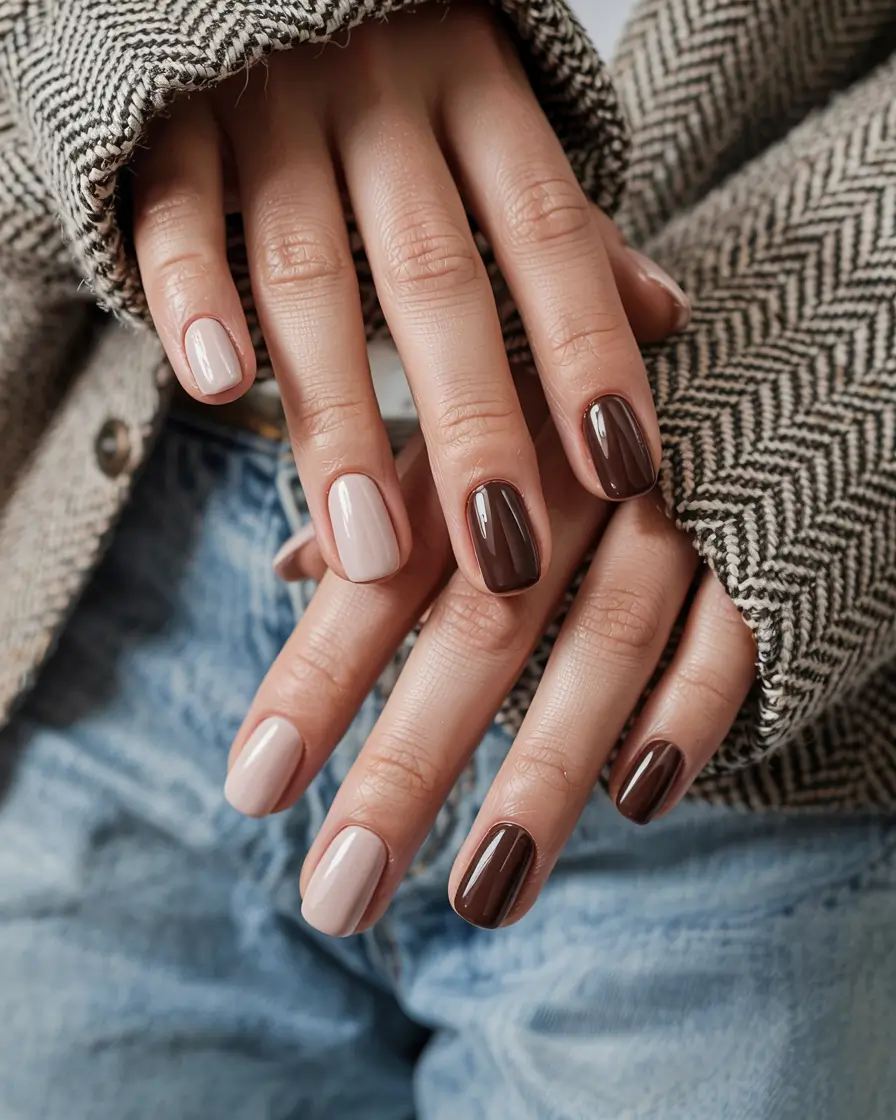 fall nail color inspo 2025 Chocolate & Cream Contrast