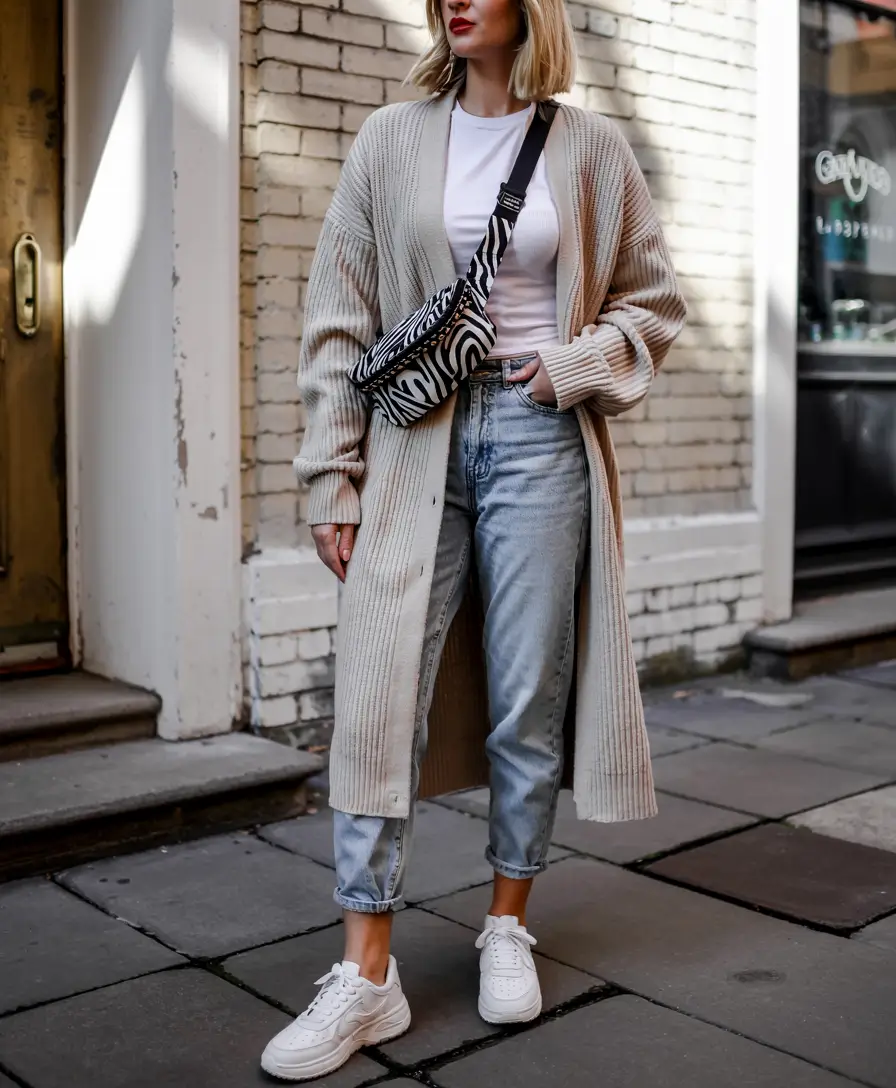 fall outfits ideas for women Cozy Cardigan and Casual Denim