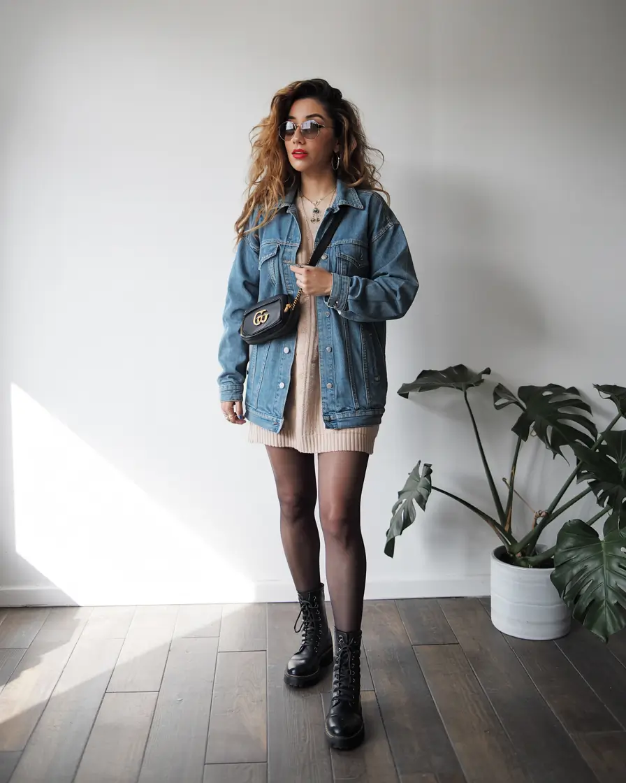 fall outfits ideas for women Denim Jacket and Mini Knit Dress
