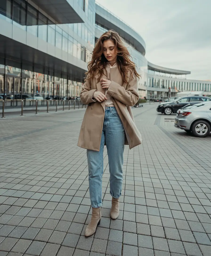 fall outfits ideas for women Classic Camel Coat with Light Denim