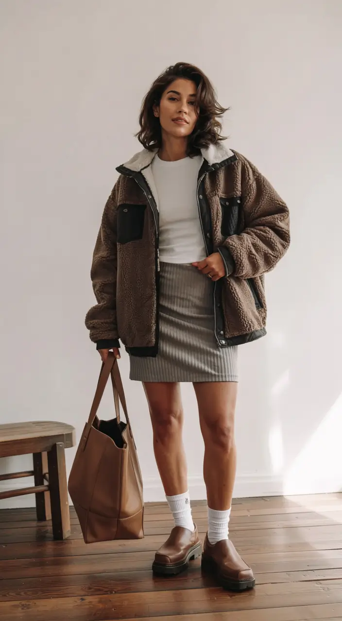 fall outfits ideas for women Playful Skirt and Oversized Layers