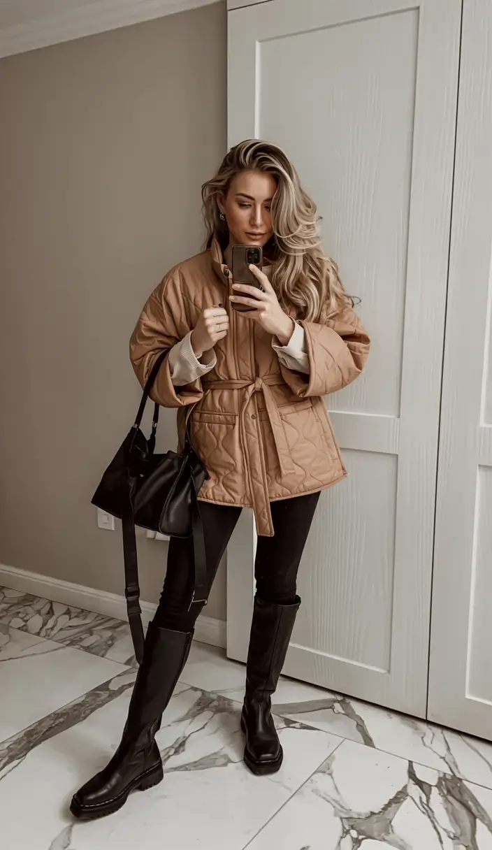 fall outfits ideas for november 2025 Quilted Warmth in Caramel