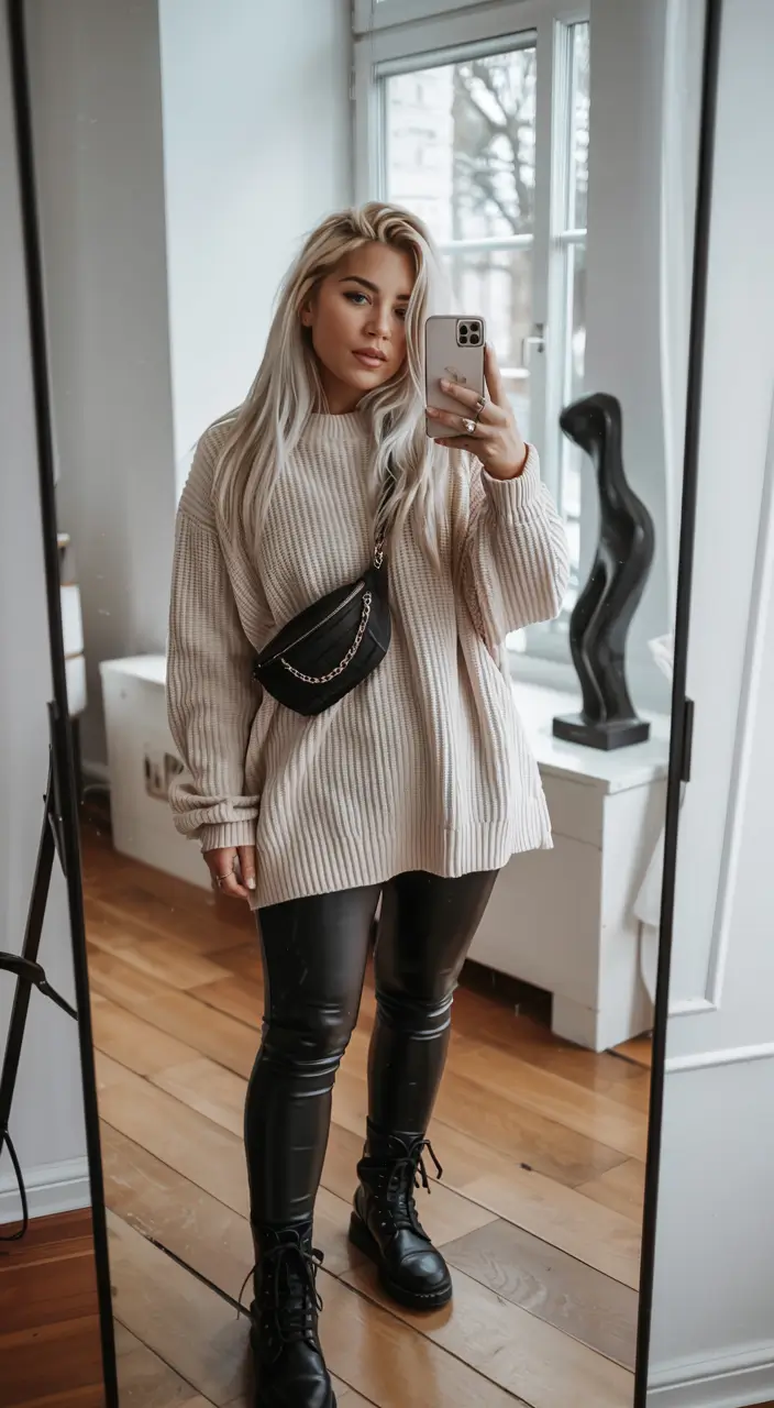 fall outfits ideas for november 2025 Oversized Knit Meets Leather