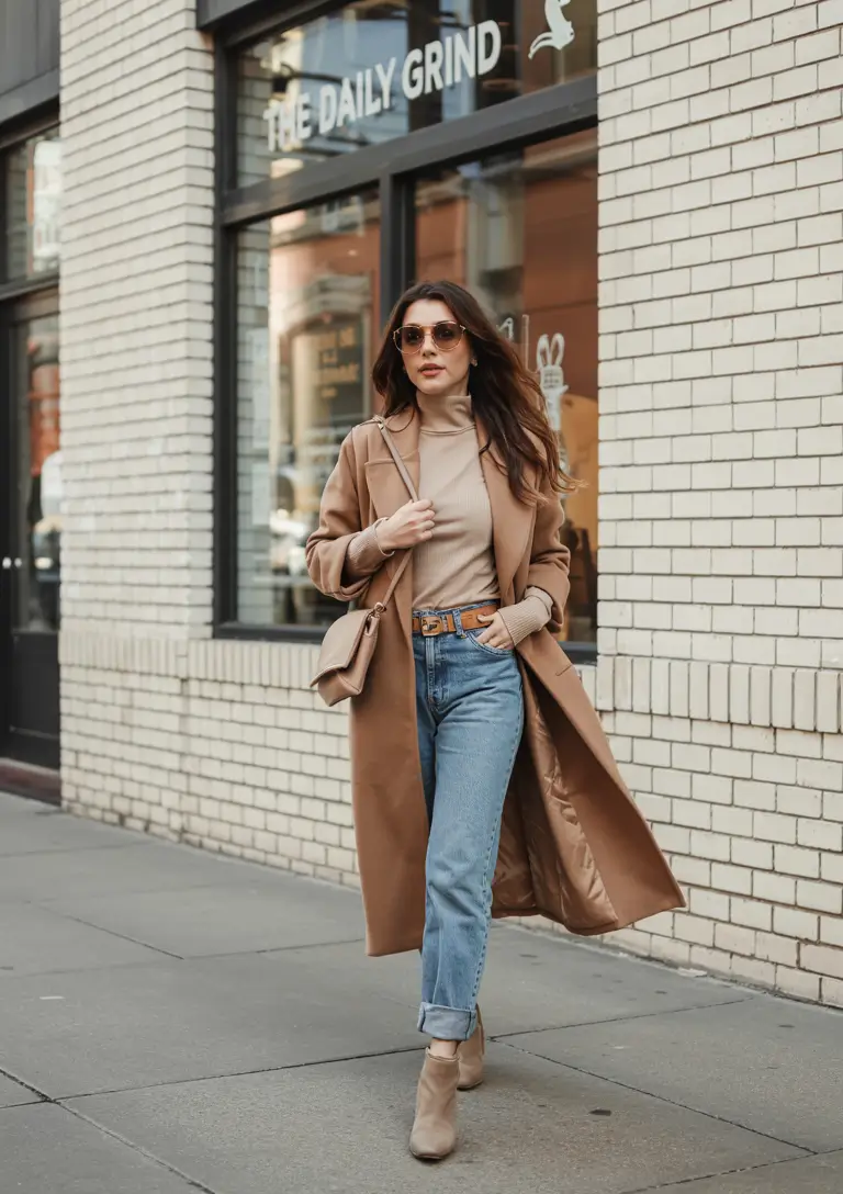 fall outfits ideas for women Camel Coat with Classic Denim