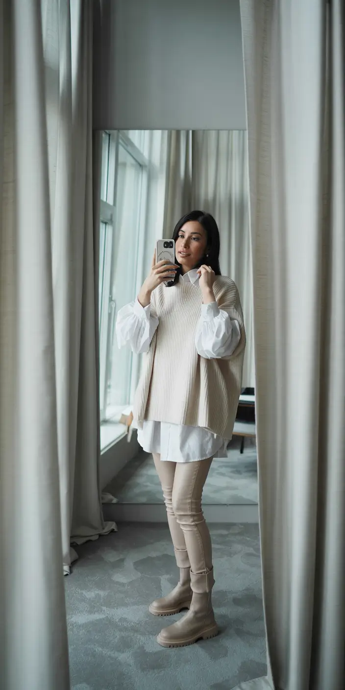 fall outfits ideas for women Oversized Vest and White Shirt Combo