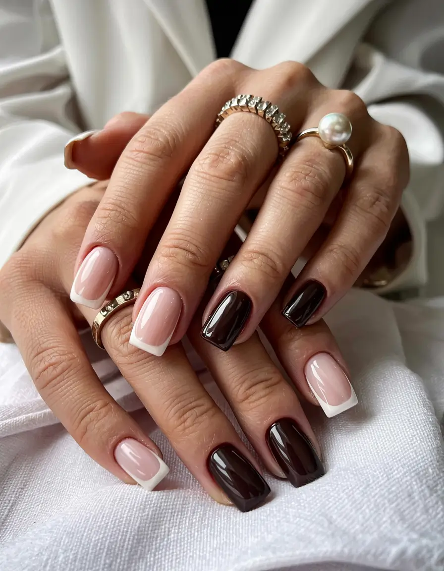 nail art ideas 2025 Two-Tone French with Chocolate Twist