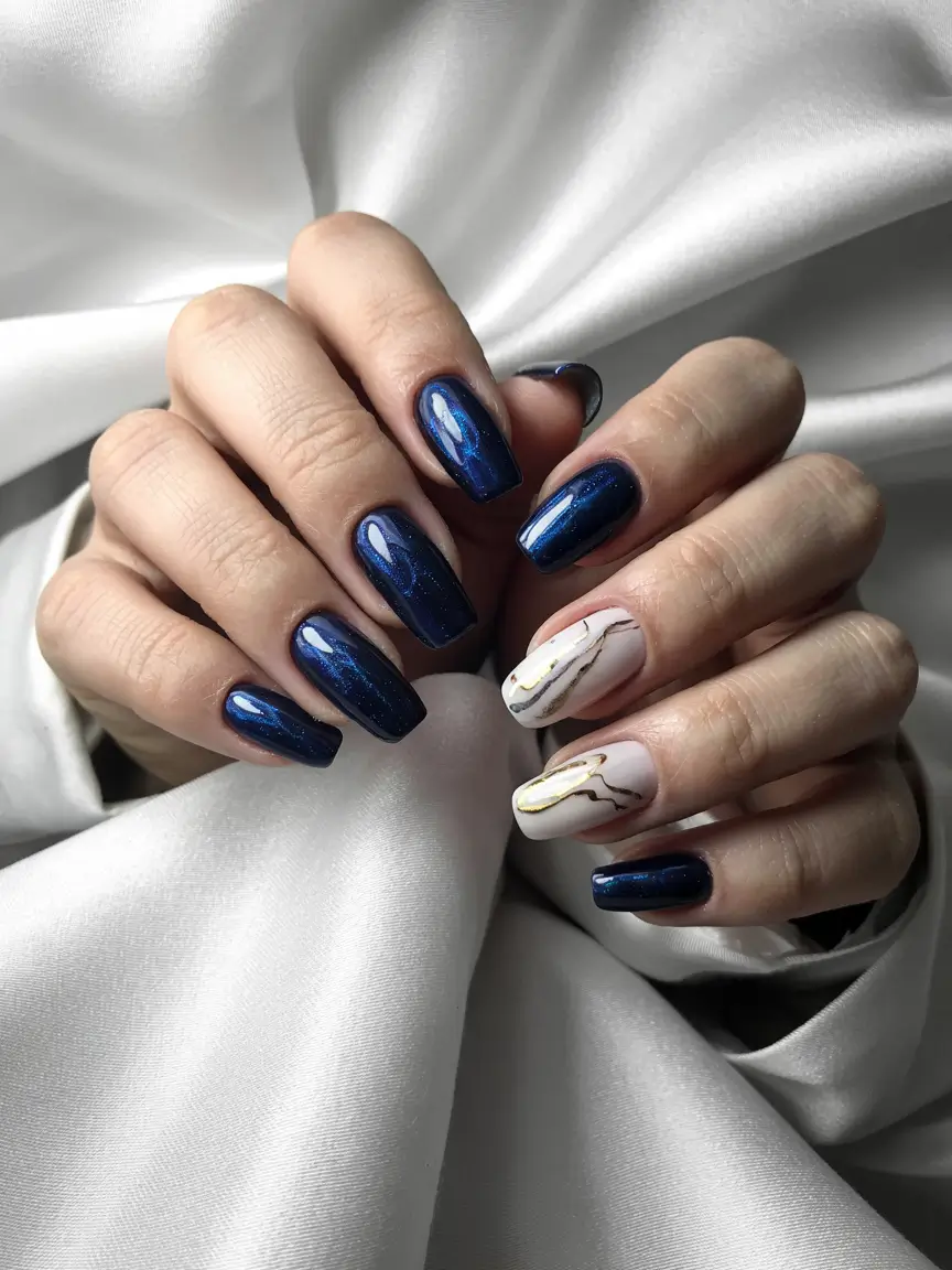 nail art ideas blue Midnight Blue with Marble Accent