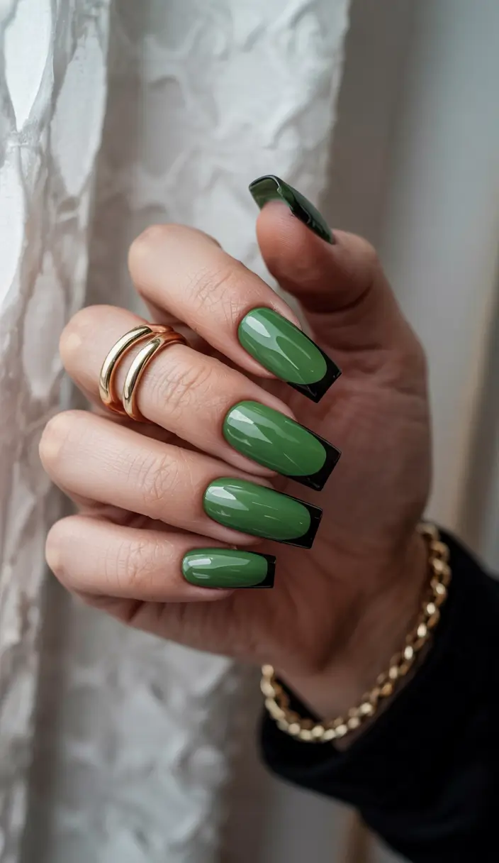 nail art ideas green Green French with Black Tips