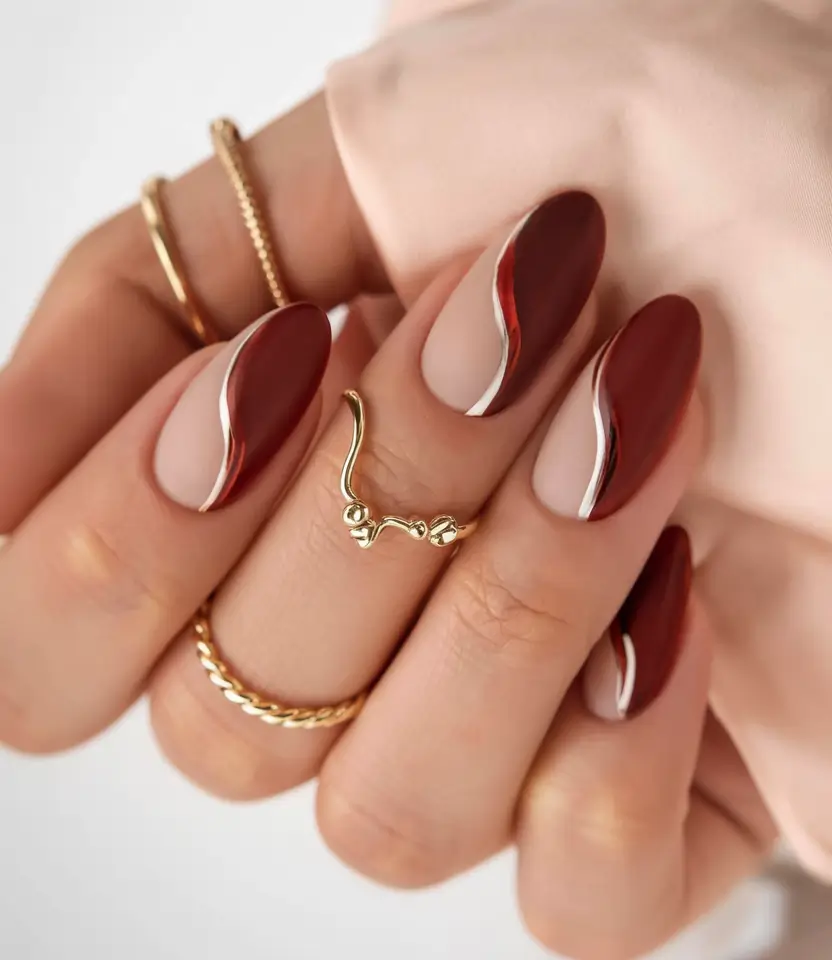 Nail Art Ideas for November 2025 Velvety Red Waves with Metallic Edge