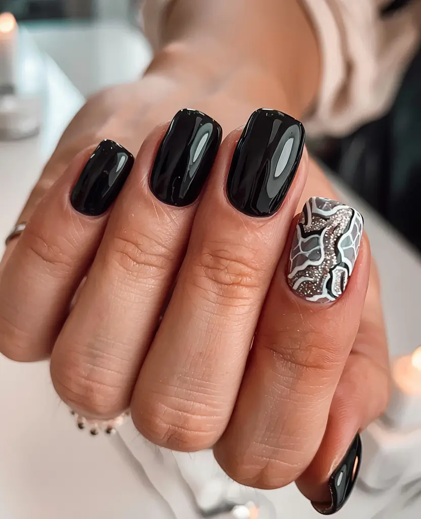 Nail Art Ideas for November 2025 Glossy Black with Statement Accent