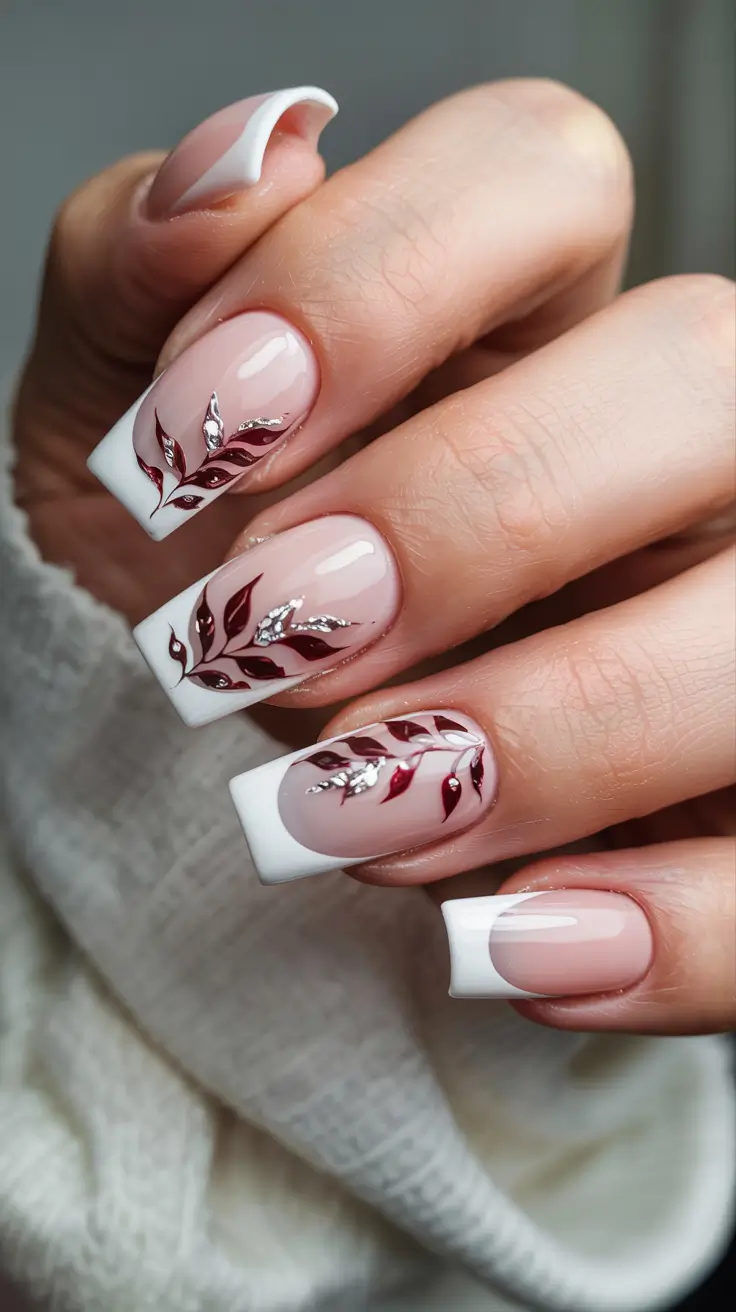 Nail Art Ideas for November 2025 Classic French with Burgundy Leaf Accents