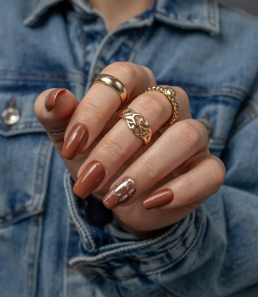 Nail Art Ideas for November 2025 Caramel Shine with Glitter Accent