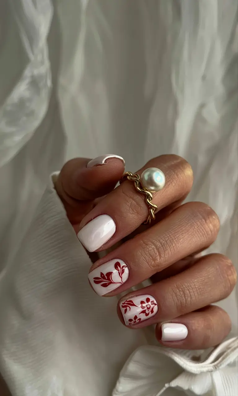 nail art ideas simple White Canvas with Red Floral Motifs