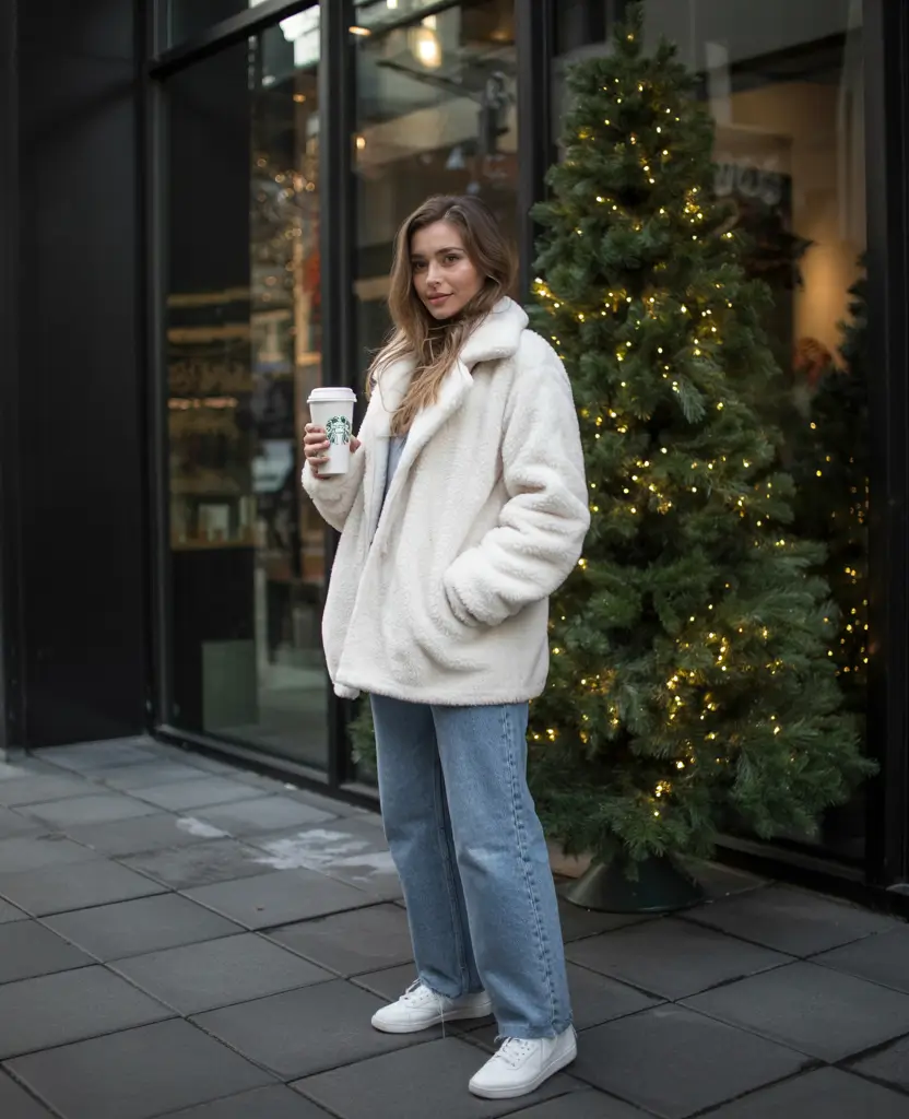nyc winter outfits cold weather Cozy Chic in a Winter White Teddy Coat