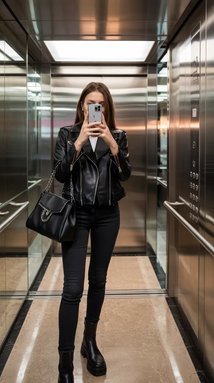 nyc winter outfits night All-Black Confidence in a Leather Jacket