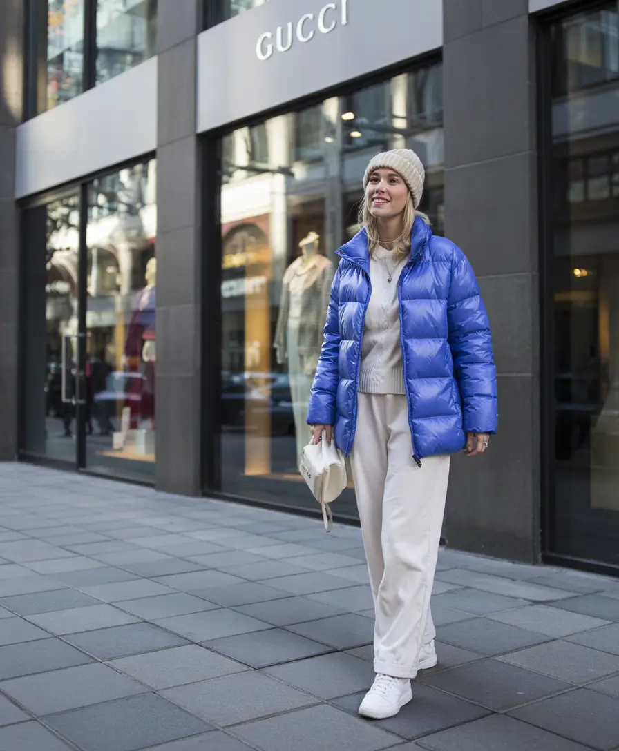 nyc winter outfits aesthetic Playful Pop with a Blue Puffer