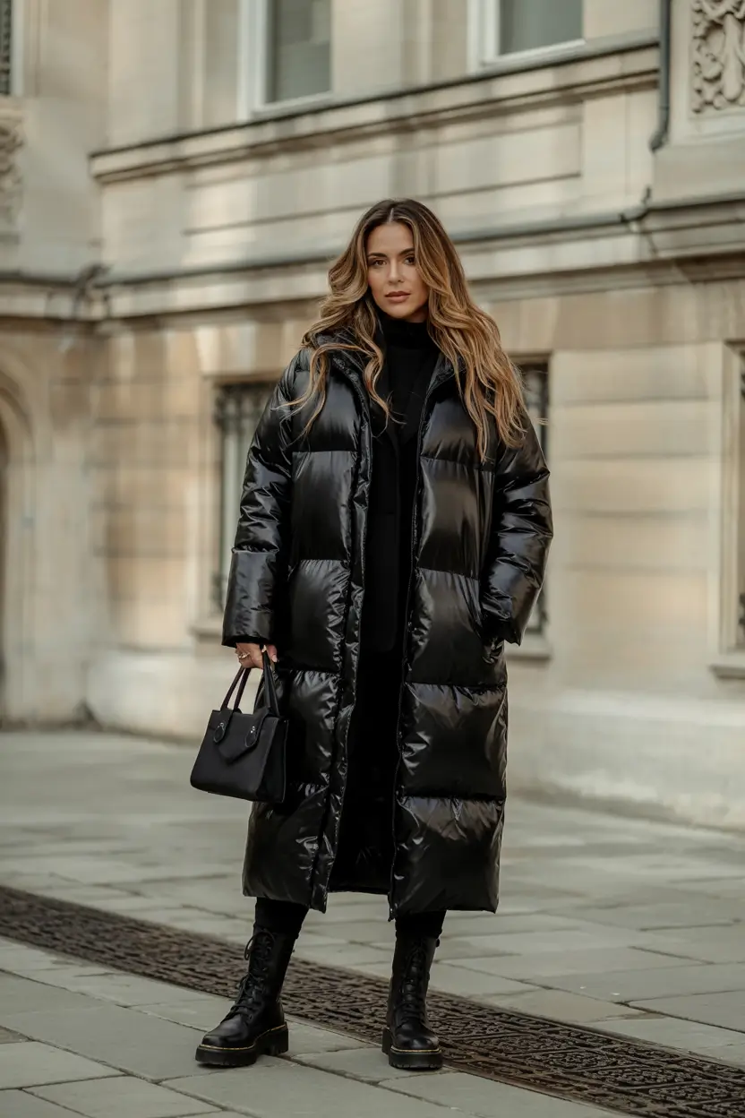nyc winter outfits night All-Black Drama With a Glossy Finish