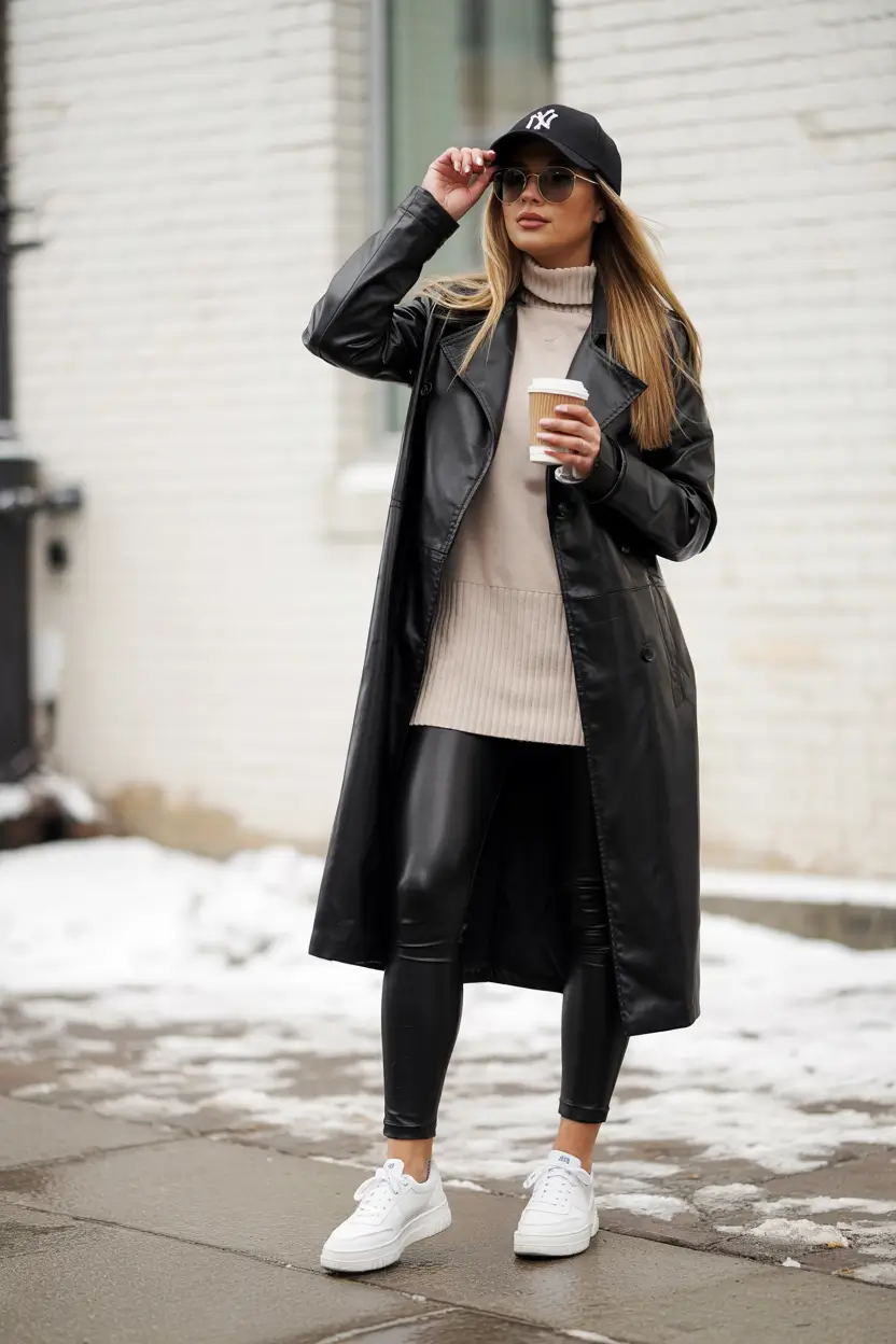 nyc winter outfits going out Sporty Luxe in Leather & Sneakers