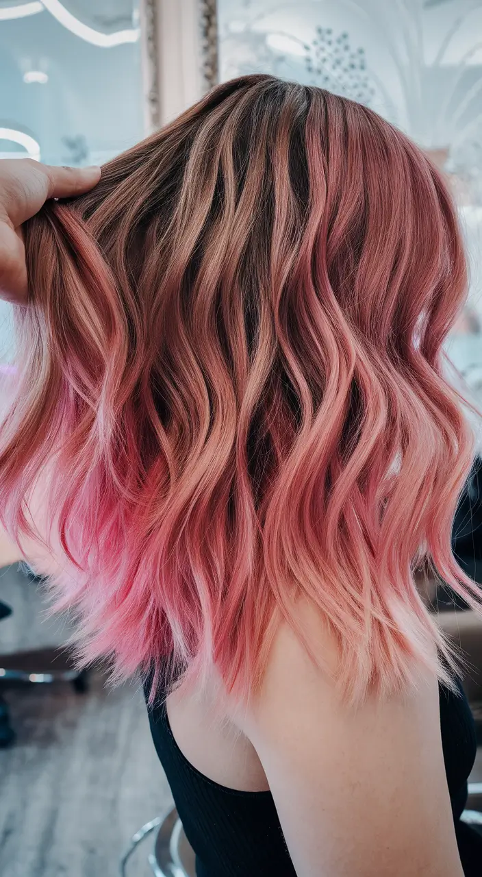 hair colors for winter 2025 Rosewood-to-Pink Ombre Waves