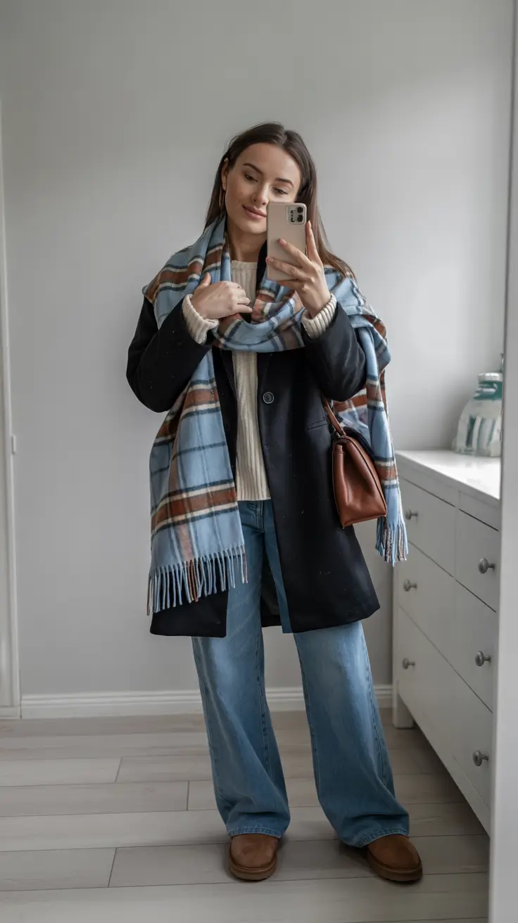 trendy winter outfits 2025 Plaid Scarf Statement