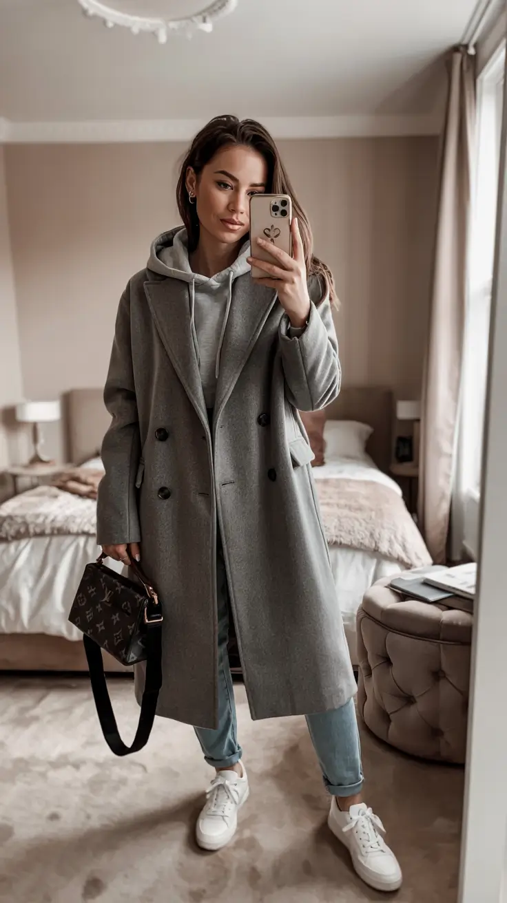 trendy winter outfits 2025 Grey Coat and Hoodie Layers
