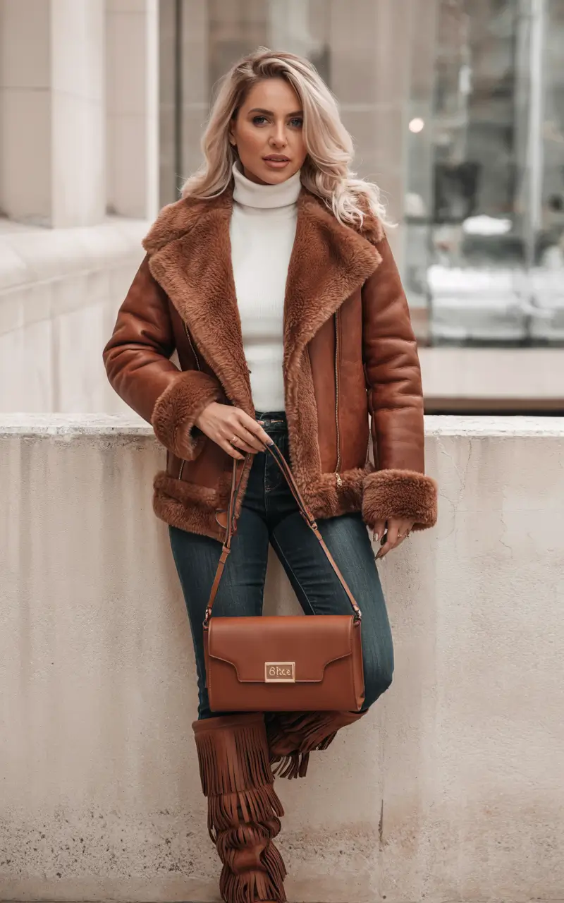 trendy winter outfits 2025 Western Touch in Shearling
