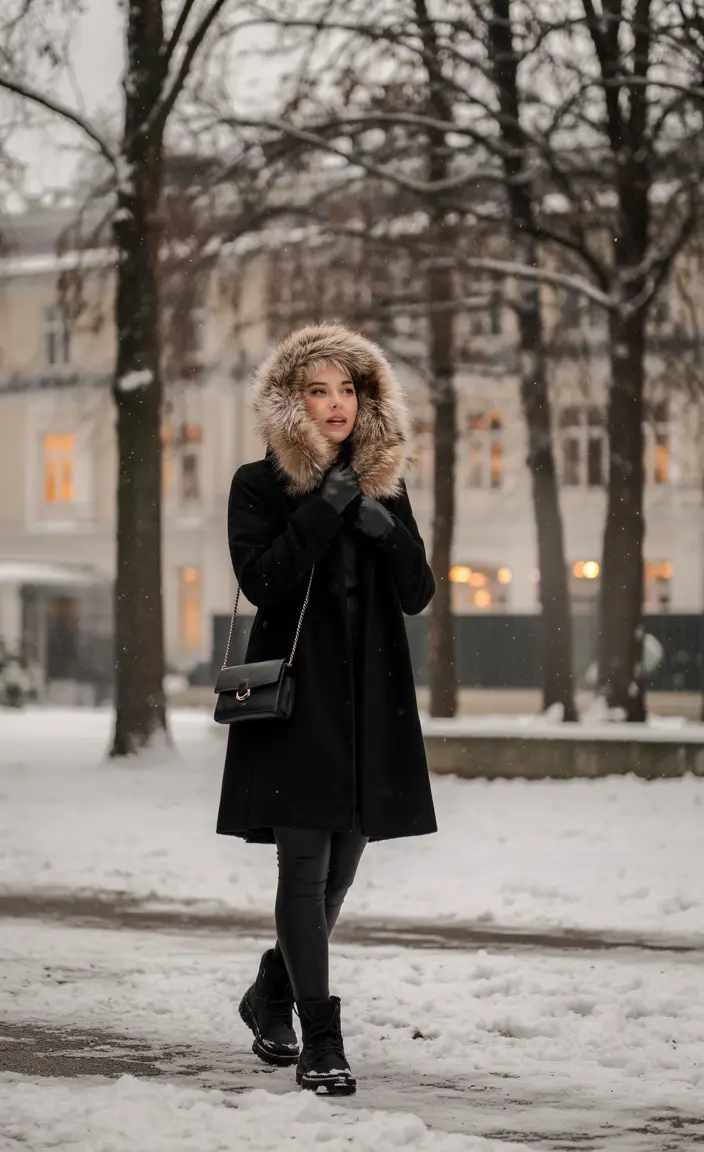 trendy winter outfits 2025 Classic Black with Fur Trim
