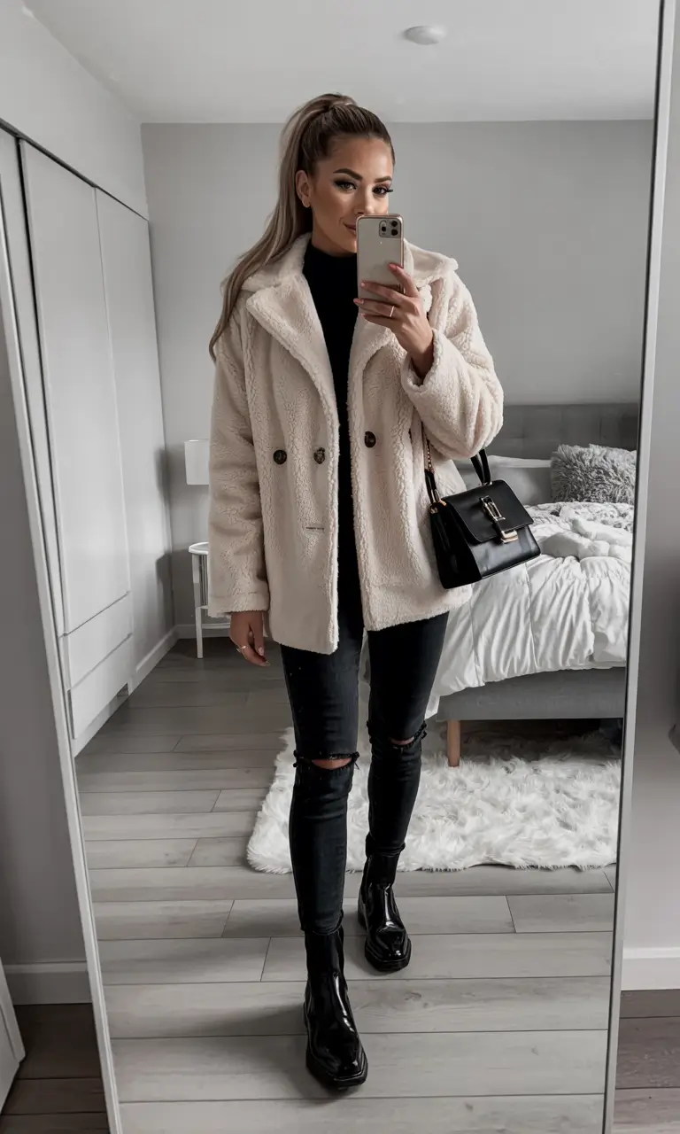 trendy winter outfits casual Monochrome Teddy Elegance