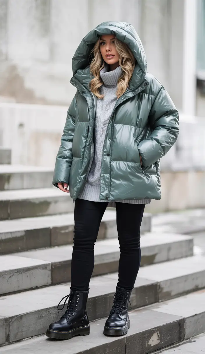 trendy winter outfits 2025 Cool Greens and Combat Boots