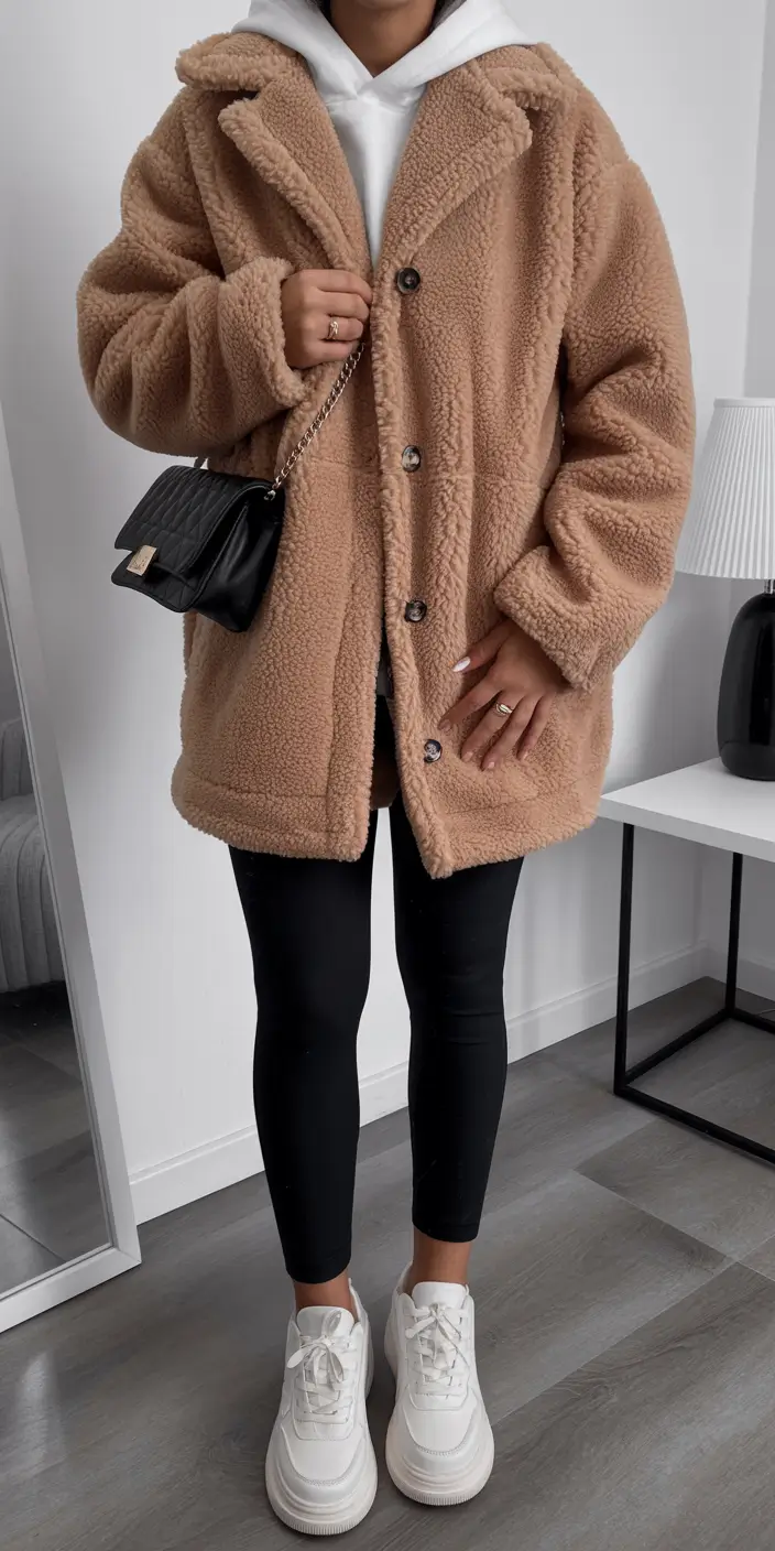 winter fashion outfits casual Teddy Jacket with White Sneakers