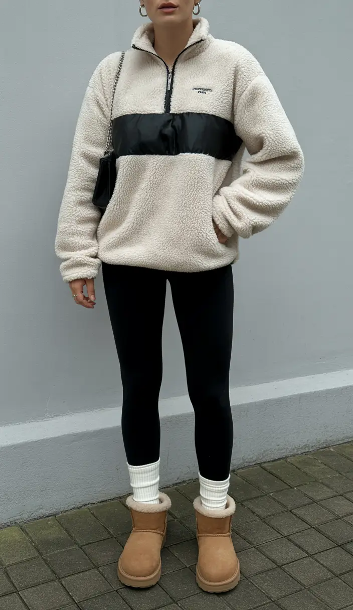 winter fashion outfits aesthetic Sherpa Quarter-Zip with UGG Boots