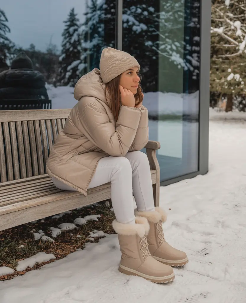 winter fashion outfits classy Beige Puffer with Snow Boots