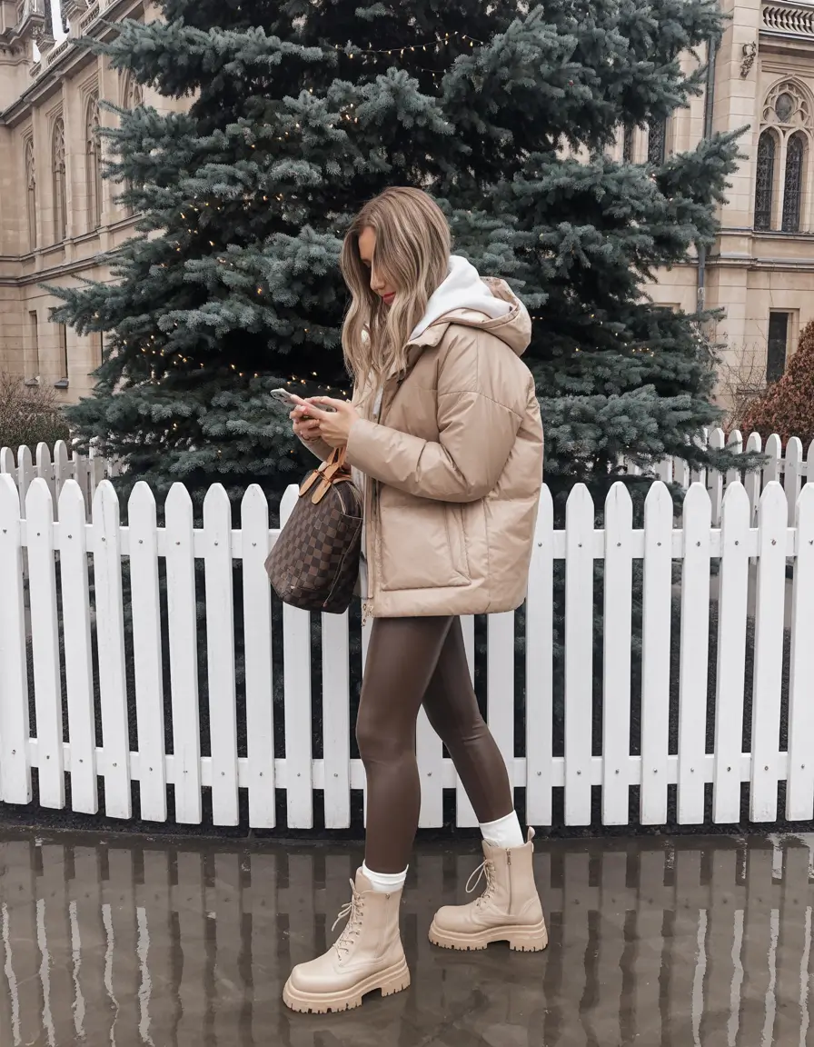 winter fashion outfits dressy classy Glossy Leggings with Puffer and Combat Boots